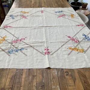Vintage Square Linen Tablecloth 47x47" Floral Hand Embroidered Cottagecore